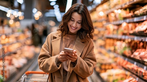 Young woman smiling while checking her smartphone in a grocery store aisle with blurred shelves