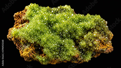 Adamite electric apple green crystal druse on limonite matrix macro sparkling dipyramidal crystals black velvet mineral specimen