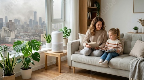 Mother and child reading books together in a modern living room with an air purifier, enjoying a healthy and comfortable home environment.