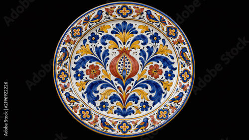 Mexican Talavera ceramic plate pomegranate blossom cobalt marigold floral pattern Puebla majolica craft museum quality illustration