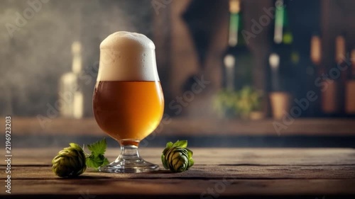 Craft Beer in a Glass with Foam and Hops on a Wooden Table Creating a Cozy Atmosphere for Brewing Enthusiasts and Beer Lovers. Generative AI