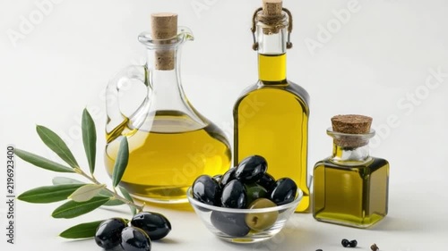 Exquisite Olive Oil and Fresh Olives Displayed in Elegant Bottles for Culinary and Health Purposes Exquisite Olive Oil and Fresh Olives. Generative AI