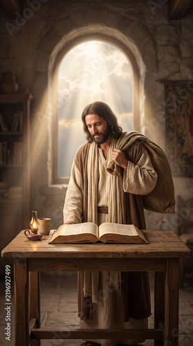 Jesus Christ Reading Holy Scriptures in Rustic Room with Divine Light Rays and Oil Lamp