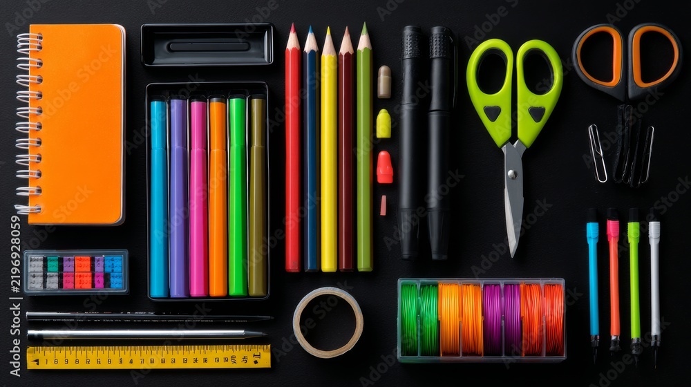 Fototapeta premium School supplies on black background, back to school concept with colorful stationery, pencils, notebooks, pens, rulers and classroom essentials arranged in a flat lay composition for education, learni