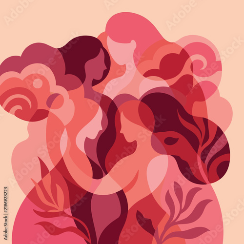 Abstract layered silhouettes of diverse women representing sisterhood and female empowerment unity