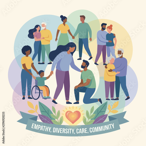Diverse community standing together with empathy care support and unity concept
