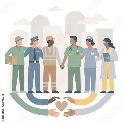 Diverse Essential Workers Standing Together Forming A Collective Heart Symbol Of Community Support