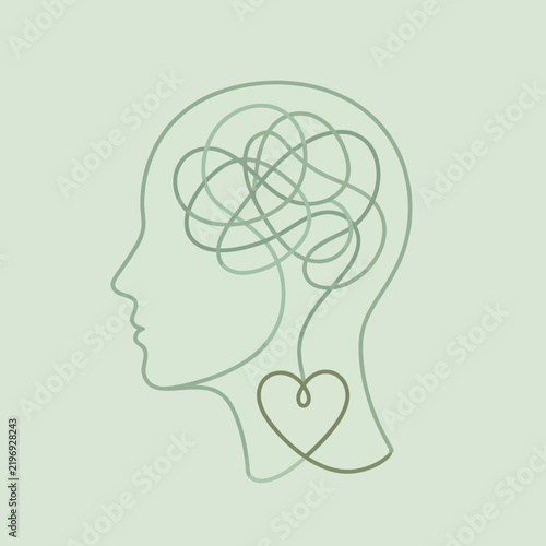 Mental Health Therapy Concept with Tangled Mind Connecting to Heart Profile Line Art