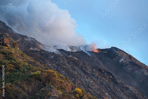 Volcanic Eruption and Glowing Lava from Mount Stromboli in Italy