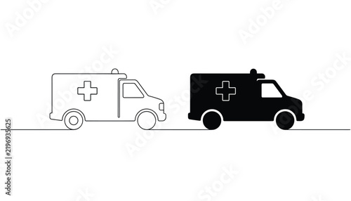 Minimalist continuous line drawing showing two ambulance vehicles, with one in outline and one in black silhouette.