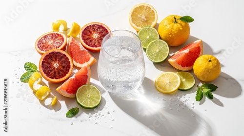 Fresh Citrus Fruits with Sparkling Water and Lime
