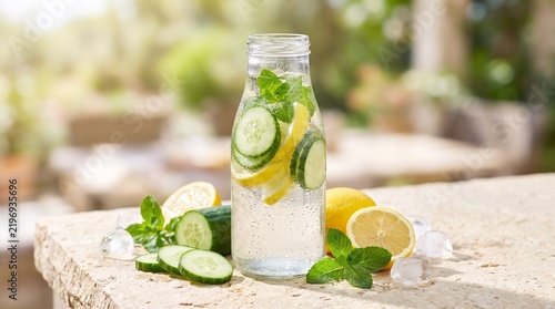 Fresh Cucumber Lemon Infused Water in Glass Bottle