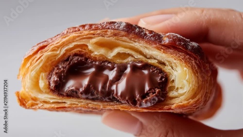 Close up front view of hand gently squeezing flaky chocolate filled croissant
