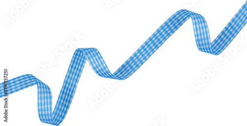 Wavy blue and white checkered gingham ribbon twisted diagonally isolated on transparent background for gift