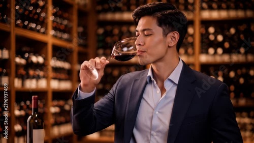 Young East Asian man tasting red wine in a cellar from a glass during a professional tasting among wooden bottle racks
