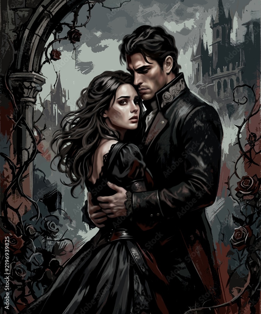 Obraz premium Gothic fantasy romance illustration, embracing couple against dark castle ruins and thorny roses, book cover design.
