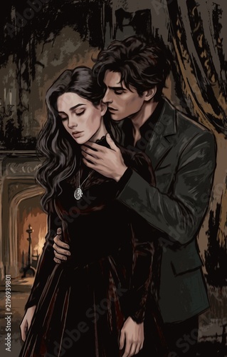 Foto Dark romance novel cover illustration, possessive man embracing woman in black dress, gothic moody interior, digital painting
