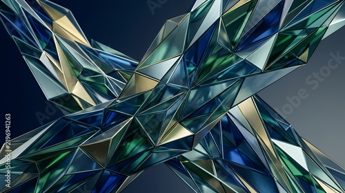 Abstract glass sculpture with blue green facets and interlocking shapes