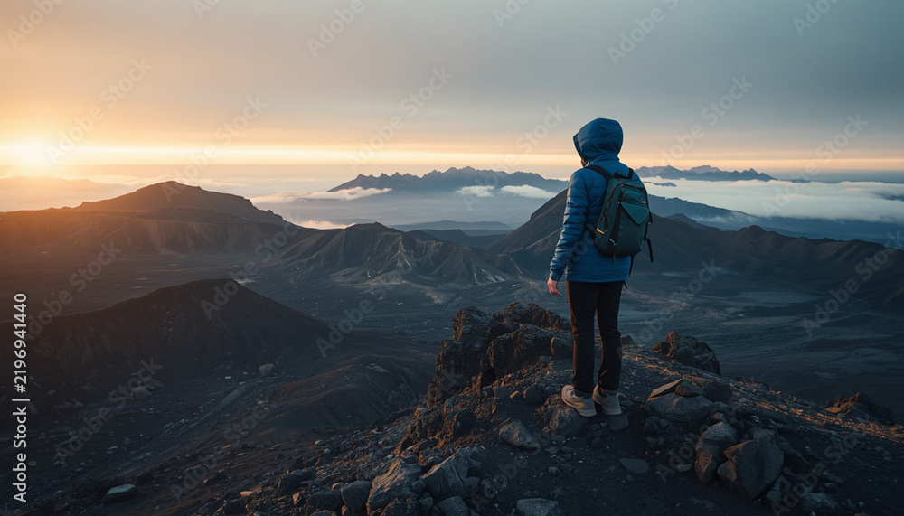 Fototapeta premium Solitary Traveler Reaching a Personal Milestone, Reflecting on Achievement, Freedom and the Journey Ahead