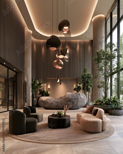 Boutique hotel lobby interior, sophisticated contemporary architecture Boutique Hotel Lobby Minimal Luxury Hospitality Interior