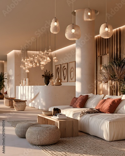 Boutique hotel lobby interior, sophisticated contemporary architecture Boutique Hotel Lobby Minimal Luxury Hospitality Interior