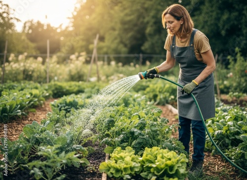 woman gardener watering vegetable garden outdoors
