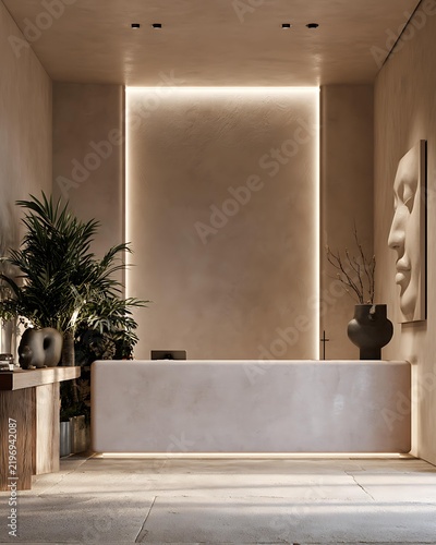 Boutique hotel lobby interior, sophisticated contemporary architecture Boutique Hotel Lobby Minimal Luxury Hospitality Interior