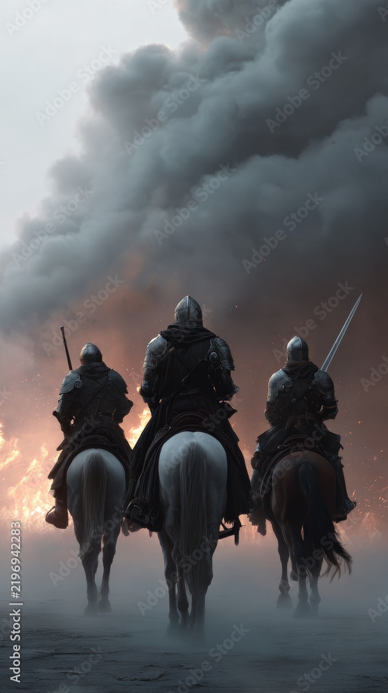 Obraz premium back view of knights riding horses with swords on the burning battlefield