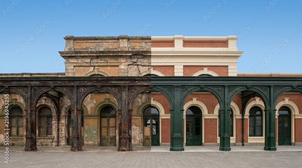 Obraz premium Historic Building Renovation: Before and After Transformation of Architecture