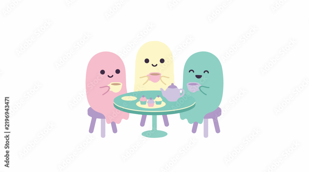 Fototapeta premium A whimsical collection of three cute ghosts sitting at a small table with tea cups and tiny cupcakes. Soft morning lighting, cheerful and cozy mood. Palette of mint green, pale pink, lavender,