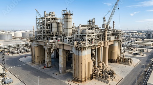 Oil refinery plant industrial facility with towers and cranes