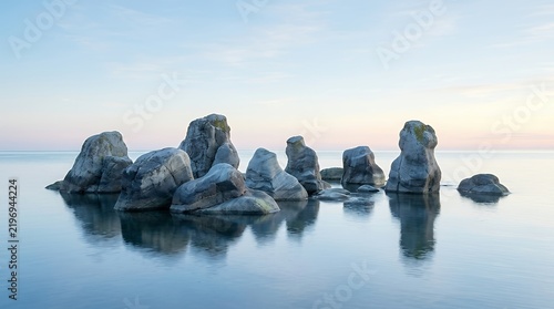 Sea stacks at sunset on calm water with reflections