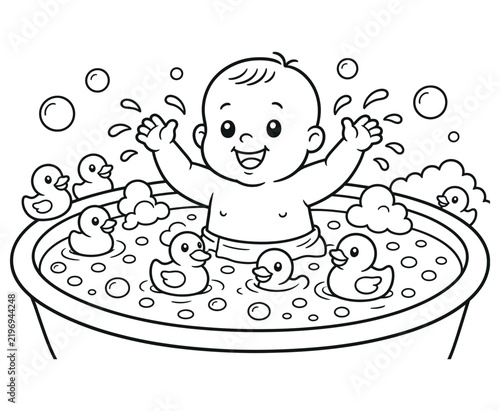 Obraz na płótnie Cute baby taking a bubble bath with rubber ducks coloring page.