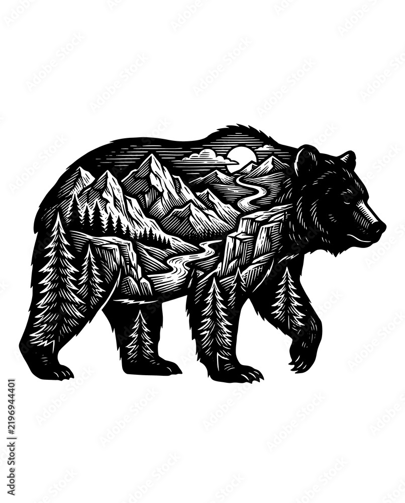 Fototapeta premium Vintage engraving double exposure silhouette of a walking bear with mountain, river, and pine forest landscape inside, isolated transparent background.