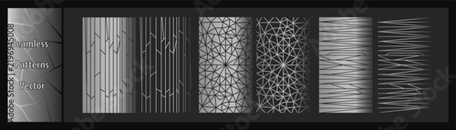 Geometric vector patterns showcase diverse linear arrangements on a black background. Abstract geometric pattan background. Vector set with abstract geometric ornament