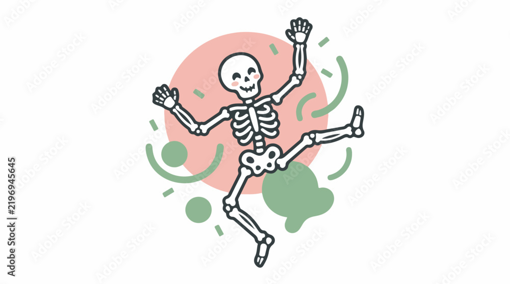 Fototapeta premium A stylized white skeleton in a dynamic dancing pose, cheerful and fun mood, blush pink and sage green background elements, trace optimized, minimalist flat vector artwork, clipart style,