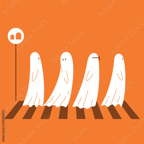 Group of ghost crossing the street on halloween night, cartoon illustration