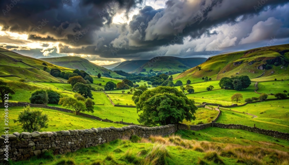 Obraz premium A dramatic sky looms over rolling green hills divided by ancient stone walls.