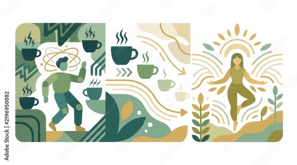 Fototapeta premium Illustrations show a person engaging in health activities and another person practicing wellness as part of a caffeine detox process.