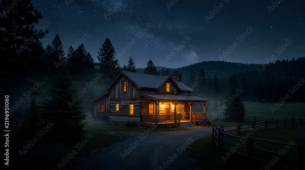 Obraz premium Cozy rustic wooden cabin illuminated at night under a starry night sky with milky way