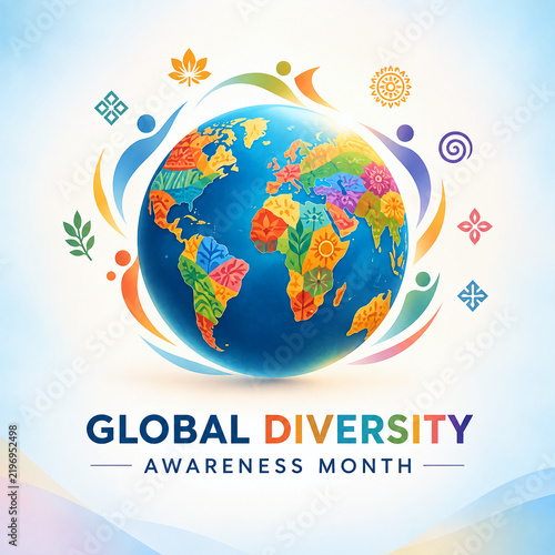 Global Diversity Awareness Month promotional banner with a colorful patterned globe and abstract human figures on a light blue background 