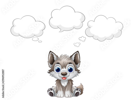 Cartoon Wolf Cub Sitting with Blank Thought Bubbles Vector Illustration