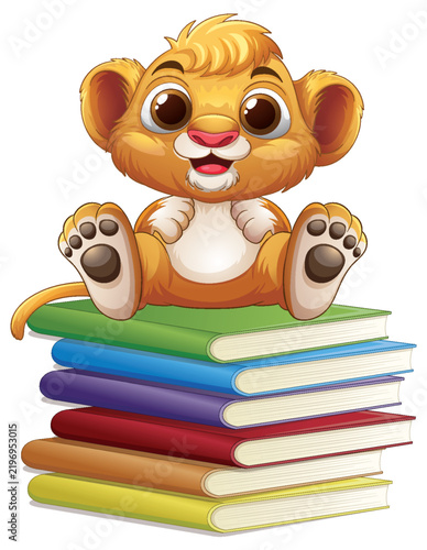 Cute Cartoon Lion Cub Sitting on a Stack of Colorful Books