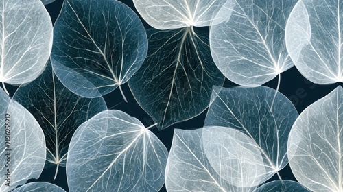 Seamless translucent veined leaf pattern in cool blue and white tones for botanical background and wallpaper design