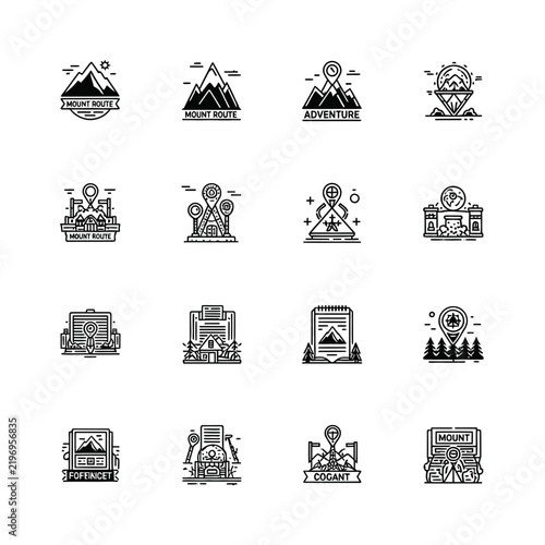 Mountain Adventure Icons: Hiking, Camping, Travel, Nature, Outdoor Activities