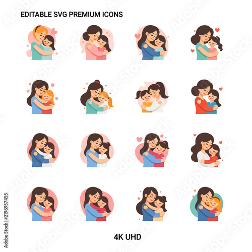 Mother Daughter Hugging Icons Set, Love Family Moments, Editable SVG