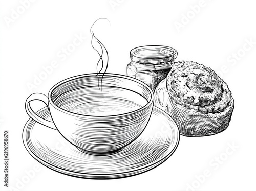 Hand drawn tea cup with cinnamon bun pencil sketch illustration