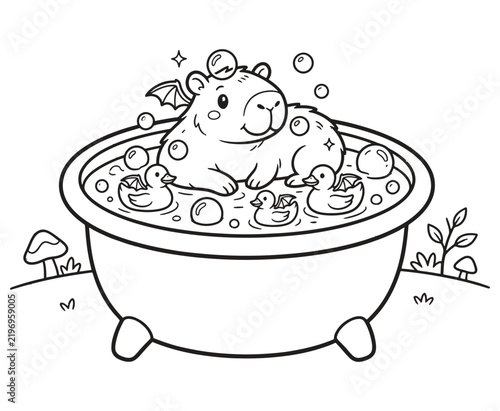 фотографія Cute capybara taking a bubble bath with little ducks coloring page for kids