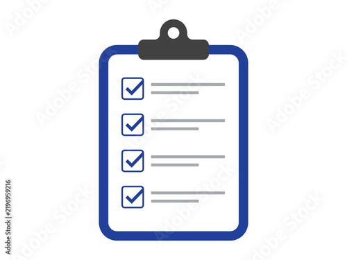 This illustration features a flat vector of a blue-striped clipboard with white paper displaying a to-do list or checklist.