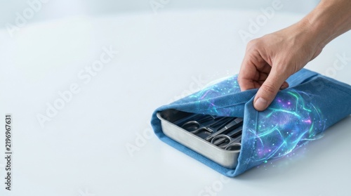 Person opening cell case for lower-waste medical sterilization with reusable sterilization wrap and instrument tray